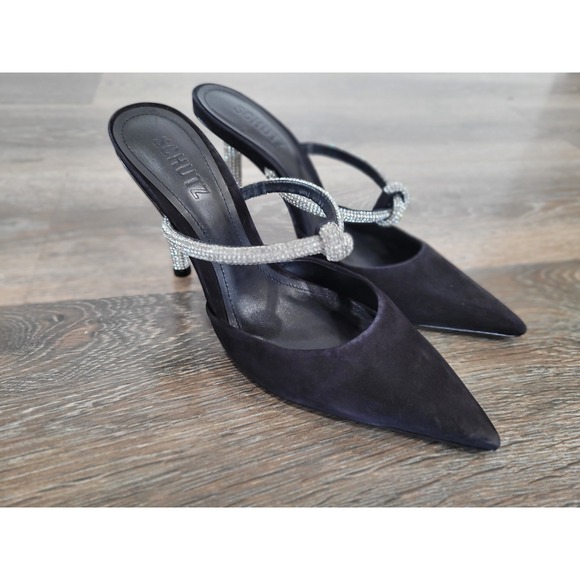 SCHUTZ Shoes - Schutz Pearl Glam Heel Black‎ Nude Buck Pointed Toe Mules Women's Size 7.5
